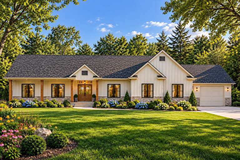 Front view of a white house in Modern Farmhouse style, board-and-batten siding, stone base, wood posts, and dark roof. House Plan # 8768-00250