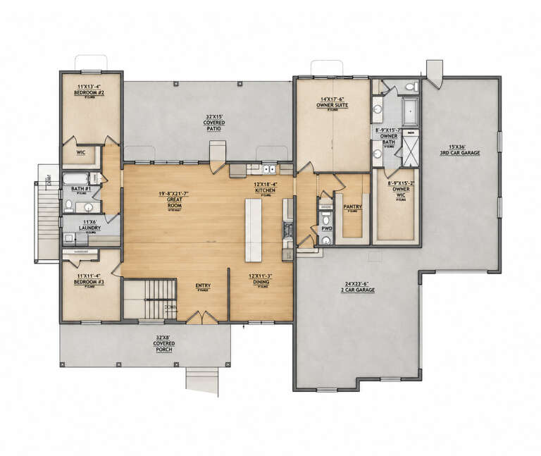 Main floor plan drawing with 3BR, 2.5BA, great room, kitchen, pantry, Ldry, 3-car garage, covered patio, and porch. House Plan # 8768-00250
