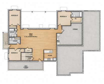 Basement floor plan drawing with 3BR, 1BA, family room, kitchen, Ldry, WIC, storage, stairs, and cold storage area. House Plan # 8768-00250