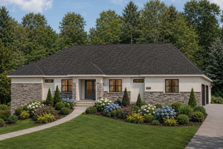 Front view of a cream house in Contemporary style, stone veneer, dark roof, black windows, and lush landscaping. House Plan # 8768-00251