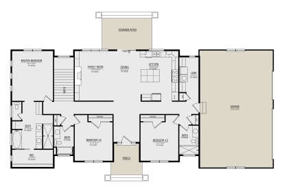 Main floor plan drawing with 3BR, 3BA, open kitchen, family room, WIC, Ldry, 3-car garage, porch, and covered patio. House Plan # 8768-00251