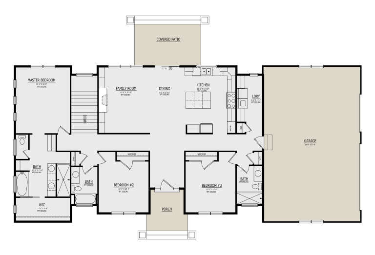 Main floor plan drawing with 3BR, 3BA, open kitchen, family room, WIC, Ldry, 3-car garage, porch, and covered patio. House Plan # 8768-00251