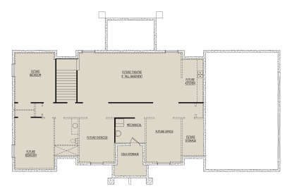 Basement floor plan drawing with 2 future BR, future theatre, kitchen, office, exercise room, mechanical, and cold storage. House Plan # 8768-00251