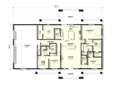 Main floor plan drawing with 3BR, 3BA, study, in-law suite, vaulted kitchen/living, 3-car garage, pantry, patio, and porch. House Plan # 3822-00062