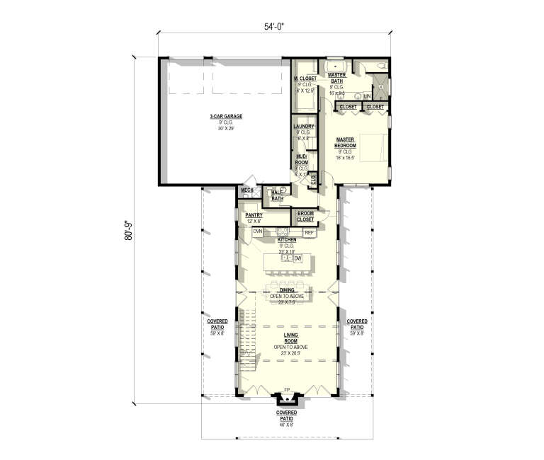 Main floor plan drawing with 1BR, 1.5BA, kitchen, dining, living, 3-car garage, pantry, Ldry, mudroom, and 3 covered patios. House Plan # 3822-00063