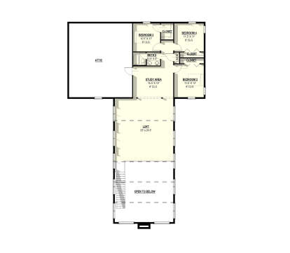 Second-floor plan drawing with 3BR, 1BA, loft, study area, attic, closets, and open-to-below area. House Plan # 3822-00063