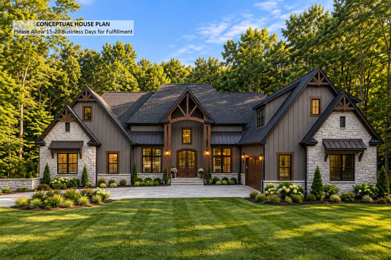 Front view of a grey Craftsman house, stone and vertical siding, gabled roof, timber accents, and lush landscaping. House Plan # 6849-00184