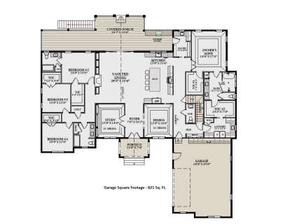 Main floor plan drawing with 4BR, 3.5BA, vaulted living, study, dining, kitchen, WIC, Ldry, 3-car garage, and covered porch. House Plan # 6849-00184