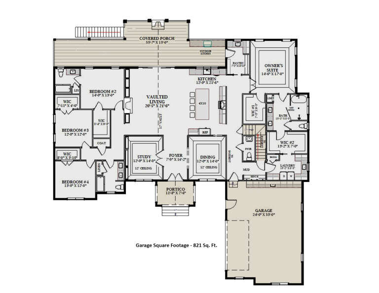 Main floor plan drawing with 4BR, 3.5BA, vaulted living, study, dining, kitchen, WIC, Ldry, 3-car garage, and covered porch. House Plan # 6849-00184