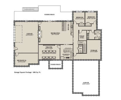 Basement floor plan drawing with 2BR, 1.5BA, rec room, theater, kitchenette, wet bar, storage, mechanical, and 2 garages. House Plan # 6849-00184