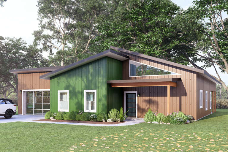 Angled front view of a green and brown Modern house, shed roof, triangular window, and glass garage door. House Plan # 3822-00064