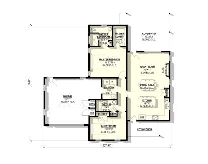 Main floor plan drawing with 2BR, 2BA, open kitchen/great room, pantry, Ldry, 2-car garage, fireplace, cov'd patio and porch. House Plan # 3822-00064