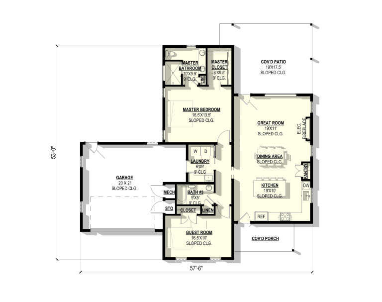 Main floor plan drawing with 2BR, 2BA, open kitchen/great room, pantry, Ldry, 2-car garage, fireplace, cov'd patio and porch. House Plan # 3822-00064
