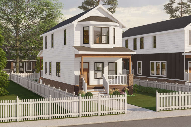 Angled front view of a white house, brick base, wood porch posts, bay window, black trim, and white picket fence. House Plan # 3822-00065