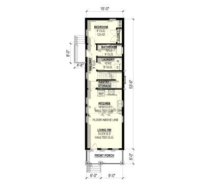 Main floor plan drawing with 1BR, 1BA, kitchen, living room, pantry, Ldry, desk, porch, and vaulted ceilings. House Plan # 3822-00065