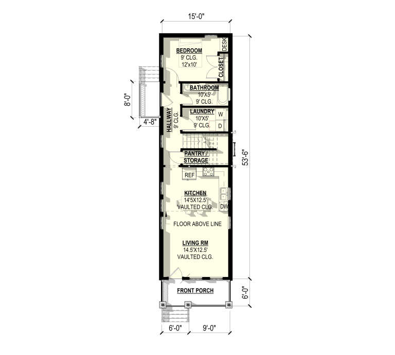 Main floor plan drawing with 1BR, 1BA, kitchen, living room, pantry, Ldry, desk, porch, and vaulted ceilings. House Plan # 3822-00065