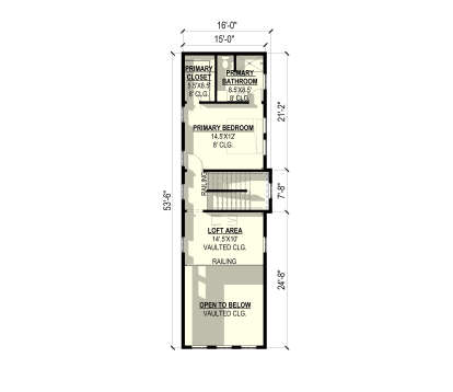 Second-floor plan drawing with 1BR, 1BA, WIC, loft area with vaulted ceiling, stairs, and open-to-below area. House Plan # 3822-00065