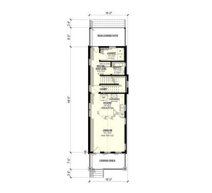 Main floor plan drawing with kitchen, living rm, vaulted ceilings, powder room, mud rm, Ldry, closet, stairs, and porches. House Plan # 3822-00066