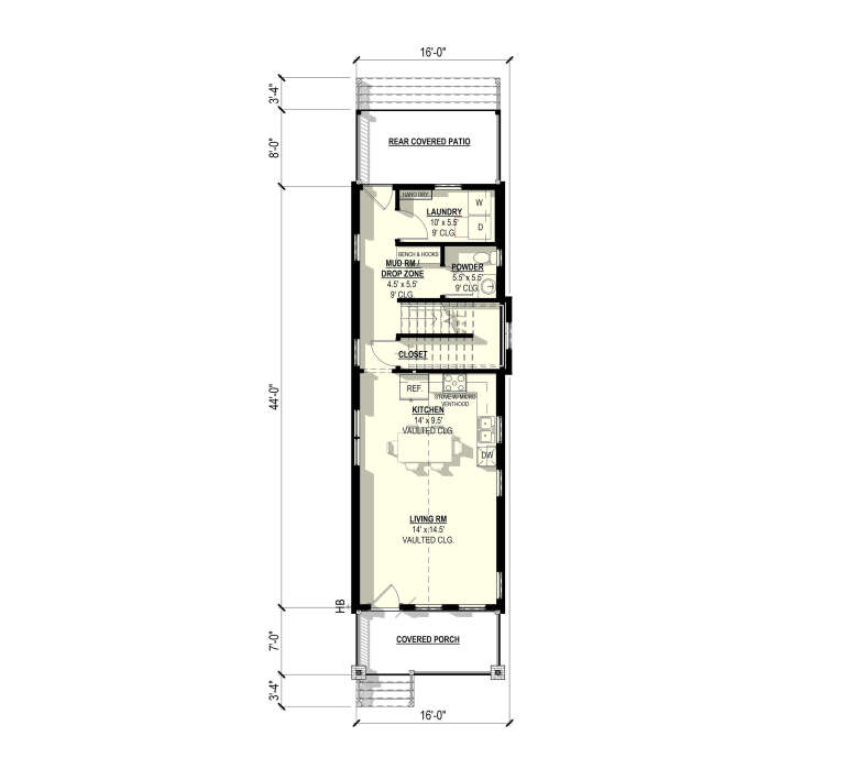 Main floor plan drawing with kitchen, living rm, vaulted ceilings, powder room, mud rm, Ldry, closet, stairs, and porches. House Plan # 3822-00066