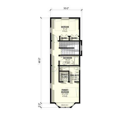 Second-floor plan drawing with 2BR, 2BA, primary WIC, linen closets, stairs, and window seat. House Plan # 3822-00066