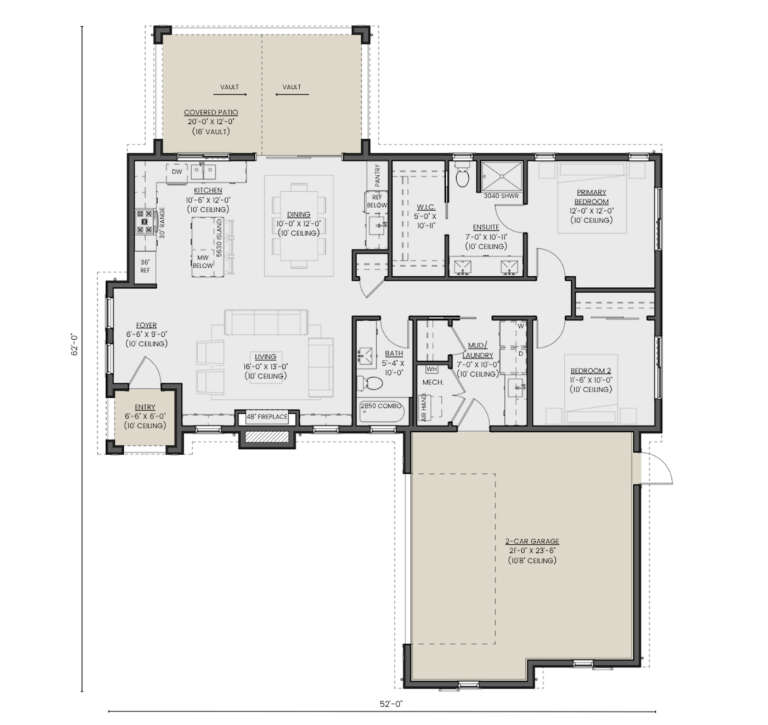 Main floor plan drawing with 2BR, 2BA, kitchen, living, dining, WIC, Ldry, 2-car garage, fireplace, and vaulted patio. House Plan # 2452-00024