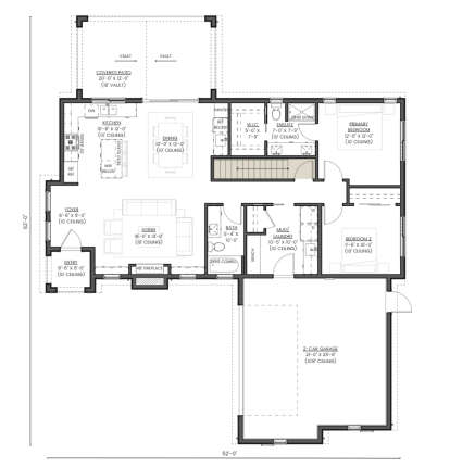 Main floor plan drawing with 2BR, 2BA, kitchen, dining, living, fireplace, WIC, Ldry, 2-car garage, and vaulted patio. House Plan # 2452-00024