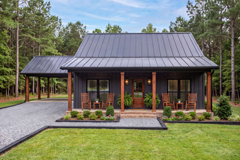 Front view of a black house in Modern Farmhouse style, metal roof, wood posts, brick porch, and attached carport. House Plan # 041-00461