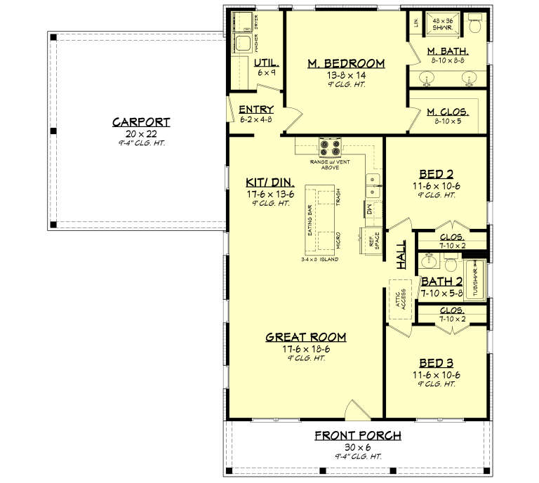 Main floor plan drawing with 3BR, 2BA, kitchen/dining, great room, utility, WIC, 2-car carport, and front porch. House Plan # 041-00461