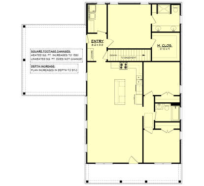 Main floor plan drawing with 2BR, 2BA, open kitchen, living area, M.Clos, Ldry, lockers, basement stairs, and porch. House Plan # 041-00461