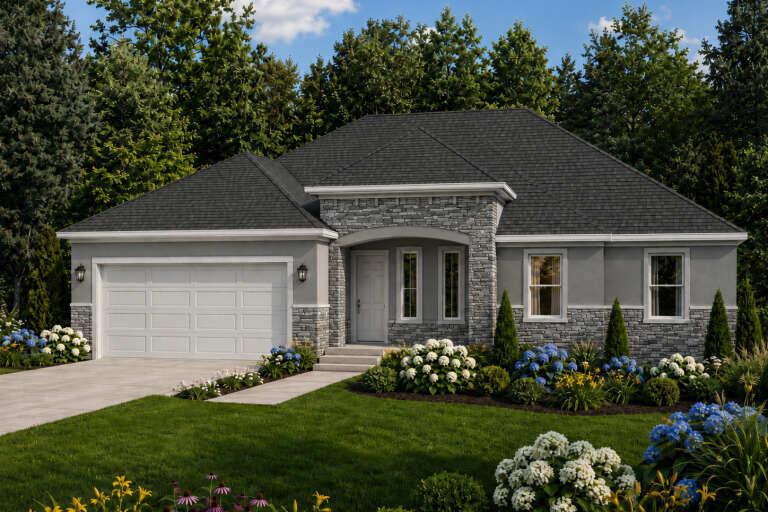 Front view of a gray Traditional house, stone veneer, stucco siding, arched entry, hip roof, and lush landscaping. House Plan # 8768-00252