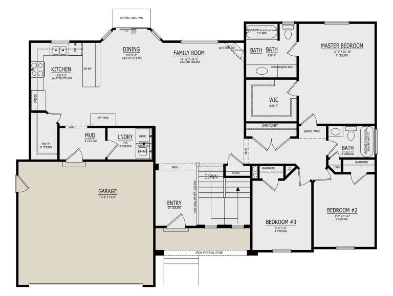 Main floor plan drawing with 3BR, 2BA, vaulted kitchen/dining/family room, opt fireplace, WIC, Ldry, pantry, 2-car garage. House Plan # 8768-00252