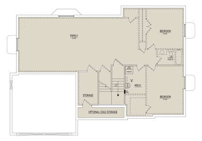 Basement floor plan drawing with 2 future BR, future BA, family room, storage, cold storage, stairs, and mechanical room. House Plan # 8768-00252