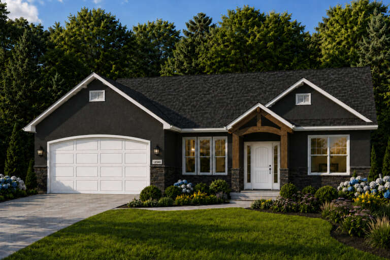 Front view of a dark gray Traditional house, stone base, white garage door, wood-trimmed porch, and gabled roofline. House Plan # 8768-00253