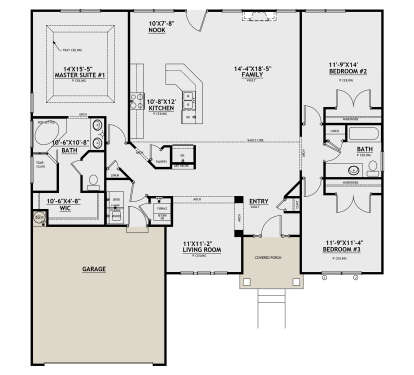 Main floor plan drawing with 3BR, 2BA, kitchen, family room, living room, WIC, pantry, Ldry, garage, and covered porch. House Plan # 8768-00253