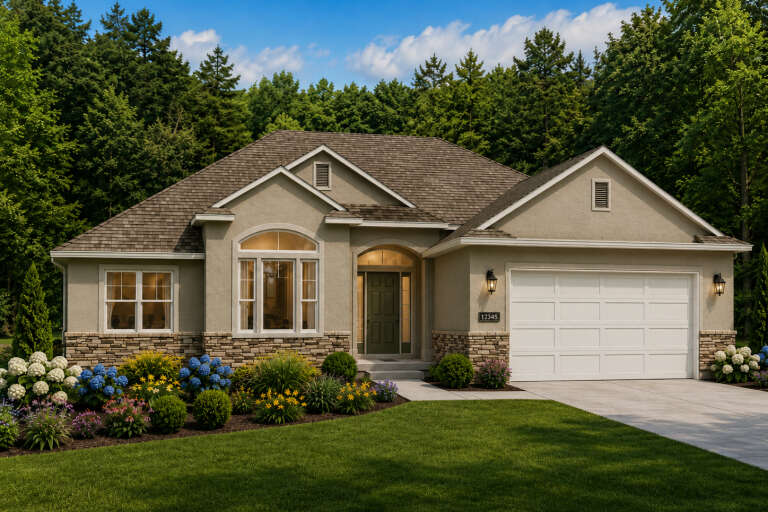 Front view of a tan Traditional house, stone veneer base, arched entryway, two-car garage, and lush landscaping. House Plan # 8768-00254