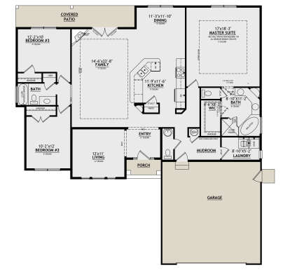 Main floor plan drawing with 3BR, 2BA, family room, kitchen, dining, WIC, Ldry, mudroom, 2-car garage, porch, and patio. House Plan # 8768-00254
