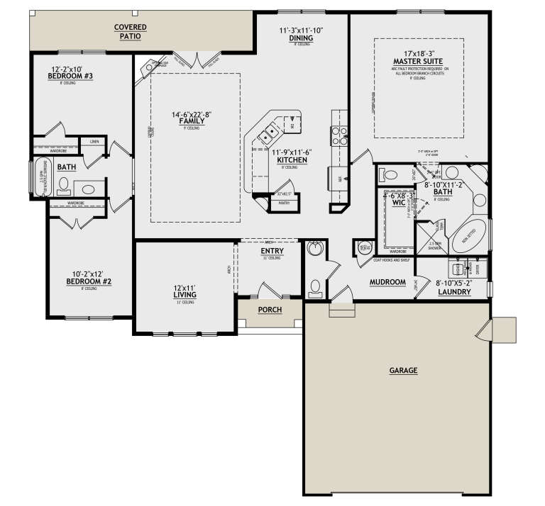 Main floor plan drawing with 3BR, 2BA, family room, kitchen, dining, WIC, Ldry, mudroom, 2-car garage, porch, and patio. House Plan # 8768-00254