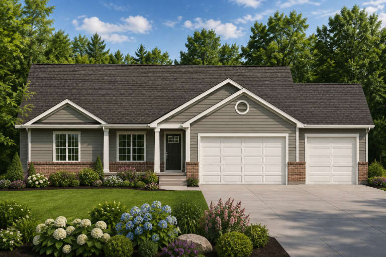 Front view of a gray Traditional house, brick base, white garage doors, gabled roof, and lush front garden landscaping. House Plan # 8768-00255