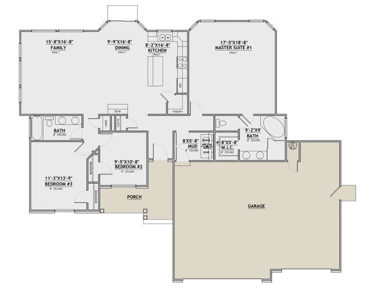 Main floor plan drawing with 3BR, 2BA, vaulted family/dining/kitchen, pantry, mudroom, WIC, and 2-car garage. House Plan # 8768-00255