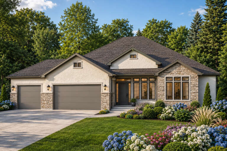 Front view of a cream house in French Country style, stone accents, gray garage doors, hip roof, and lush landscaping. House Plan # 8768-00256