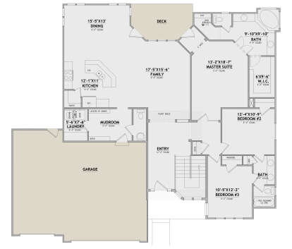Main floor plan drawing with 3BR, 2BA, kitchen, family room, dining, WIC, Ldry, mudroom, garage, deck, and stairs. House Plan # 8768-00256