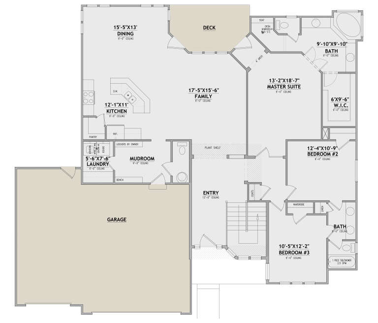 Main floor plan drawing with 3BR, 2BA, kitchen, family room, dining, WIC, Ldry, mudroom, garage, deck, and stairs. House Plan # 8768-00256