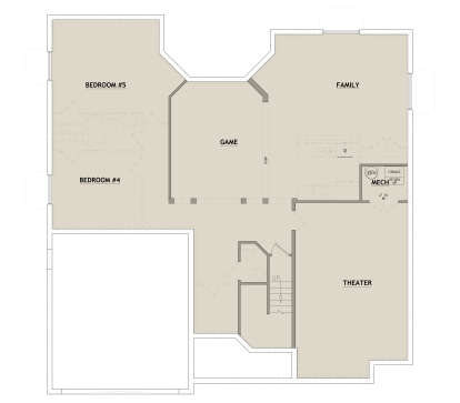 Basement floor plan drawing with 2BR, 1BA, game room, family room, theater, stairs, and mechanical room. House Plan # 8768-00256