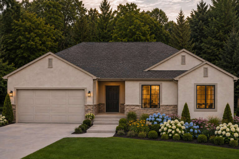 Front view of a beige house in Traditional style, stone accents, dark roof, black windows, and lush garden landscaping. House Plan # 8768-00257