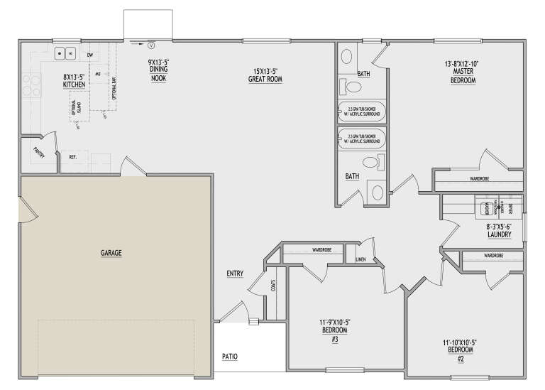 Main floor plan drawing with 3BR, 2BA, kitchen, great room, dining nook, pantry, Ldry, WIC, and 2-car garage. House Plan # 8768-00257
