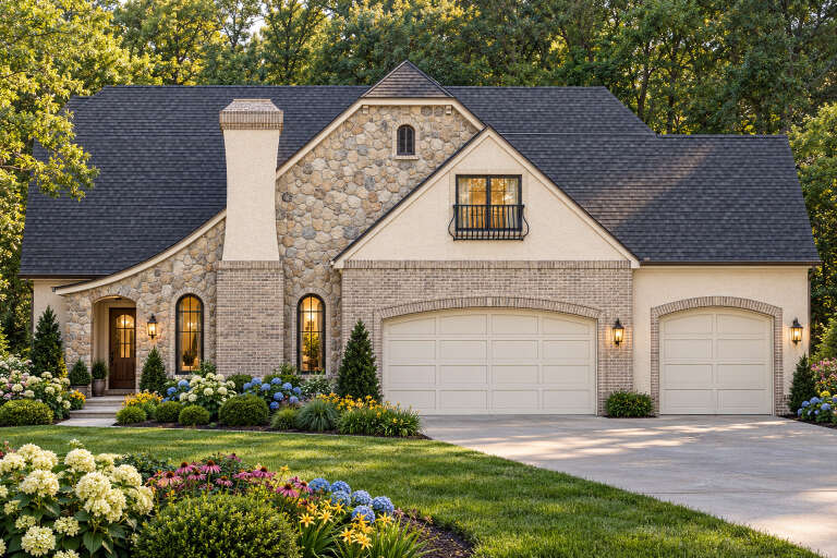 Front view of a beige house in French Country style, stone and brick facade, arched garage doors, and lush landscaping. House Plan # 8768-00258