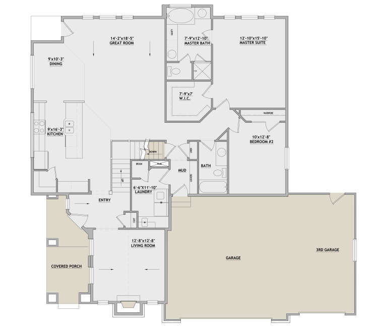 Main floor plan drawing with 2BR, 2BA, kitchen, great room, living room, mudroom, Ldry, WIC, 3-car garage, and covered porch. House Plan # 8768-00258