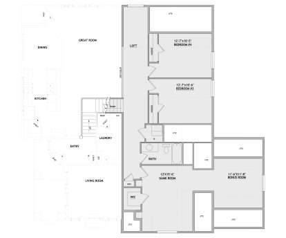 Second-floor plan drawing with 2BR, 1BA, loft, game room, bonus room, WIC, stairs, and multiple attic storage areas. House Plan # 8768-00258