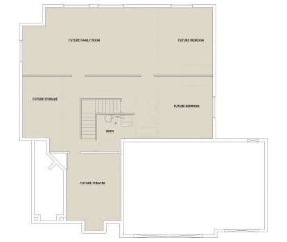 Basement floor plan drawing with 2 future BR, future bath, family room, theatre, storage, mech room, and stairs. House Plan # 8768-00258