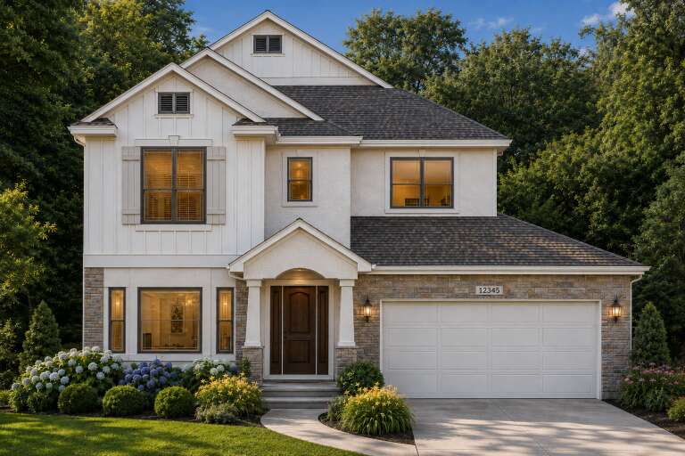 Front view of a white Craftsman house, board-and-batten siding, stone accents, dark wood door, and lush landscaping. House Plan # 8768-00259